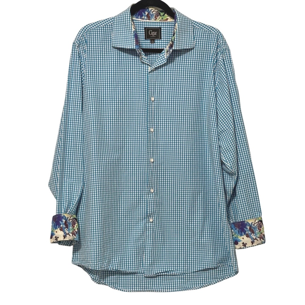 Cigar Couture Mens Blue Gingham Check Floral Trim Cotton‎ Button Down Shirt L